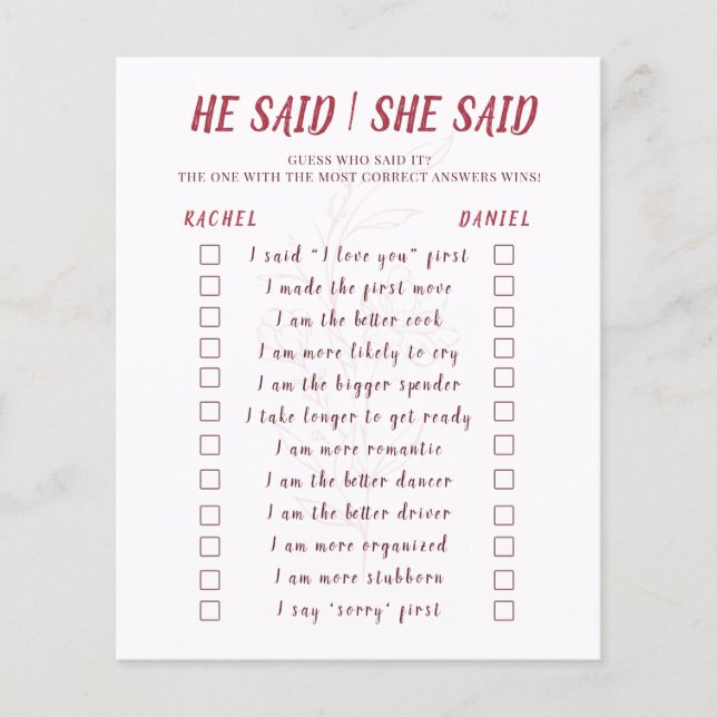 Modern Floral He Said She Said Bridal Shower Game Flygblad (Framsidan)