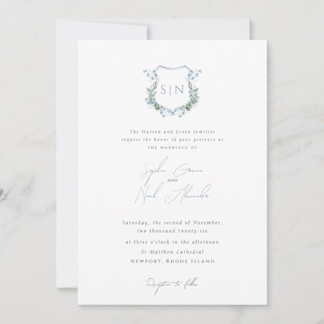 Modern Floral Monogram Crest Formal  Wedding Inbjudningar (Framsida)