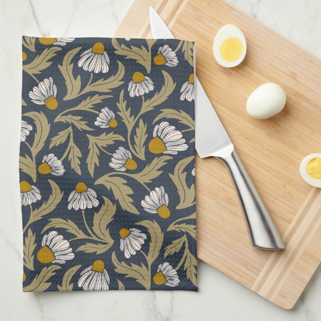 Modern Floral Navy Blue Coneflower Daisy Botanical Kökshandduk (Vikt i Fjärdedel)