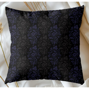 Modern Floral Pattern Blue Grey on Black Kudde