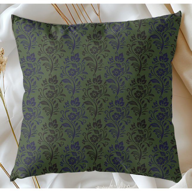 Modern Floral Pattern Blue Grey On Green Kudde (Skapare uppladdad)