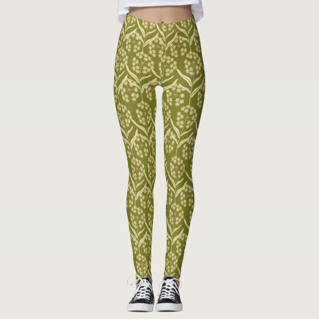 Modern Floral Pattern: White Umbel Flowers Leggings (Framsida)