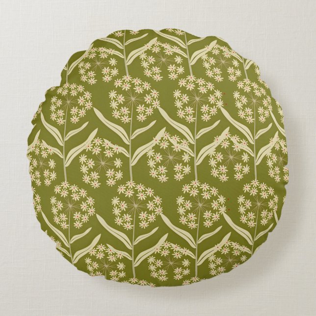 Modern Floral Pattern: White Umbel Flowers Rund Kudde (Framsidan)