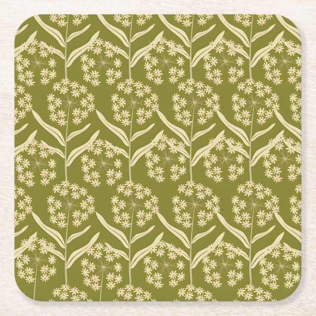 Modern Floral Pattern: White Umbel Flowers Underlägg Papper Kvadrat (Framsidan)