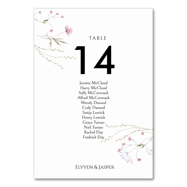 Modern Floral Pink Wild Flower Seating Chart &  Bordsnummer (Framsidan)