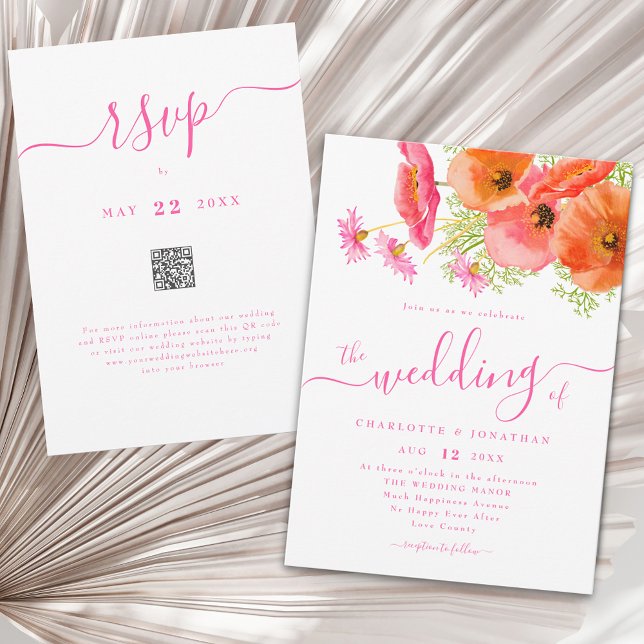 Modern Floral Vibrant Pink Orange Wedding Qr Code Inbjudningar (Modern boho chic vibrant wildflower watercolor floral bouquet pink orange wedding qr code invitation)