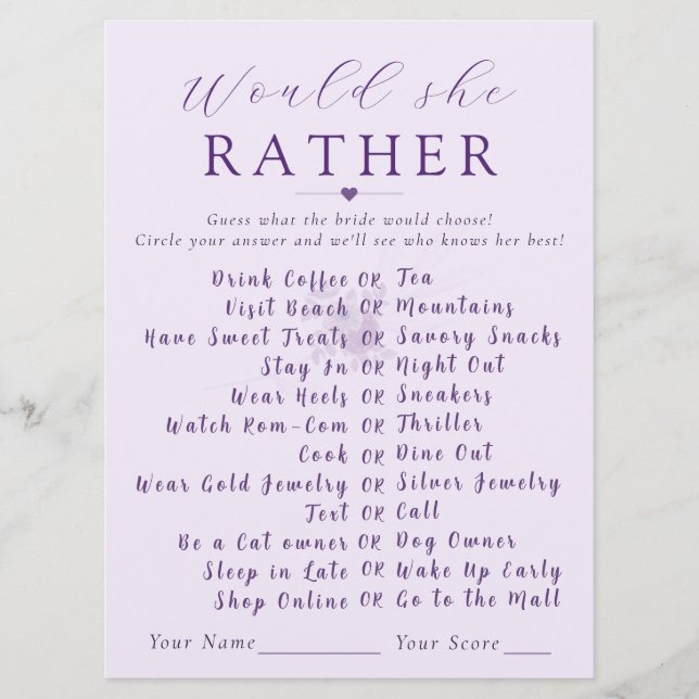 Modern Floral Would She Rather Bridal Shower Game  (Framsida)