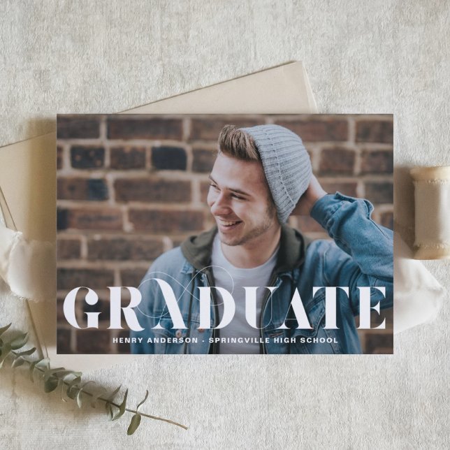 Modern Flourish Typografi Foto Examen Inbjudningar (Customizable photo graduation invitation featuring modern typography. )