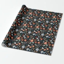 Modern Flowers Black Orange Blue Botanical Blommig Presentpapper
