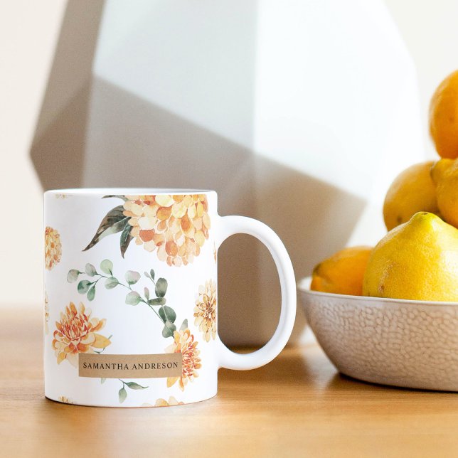 Modern Flowers Gult & Kraft Personlig Gift Kaffemugg (Skapare uppladdad)