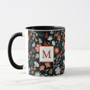 Modern Flowers Löv Black Orange Blue Monogram Mugg