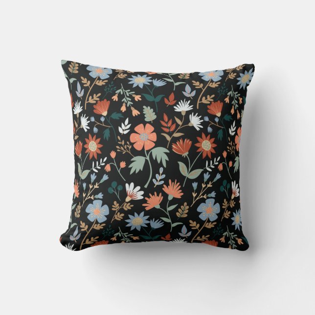 Modern Flowers Löv Black Orange Blue Print Kudde (Framsida)