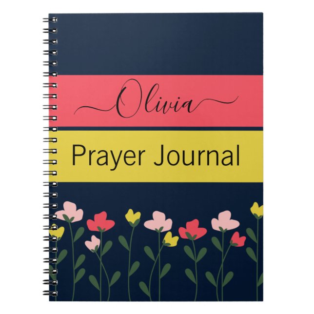 Modern Flowers Navy Blue Prayer Journal Anteckningsbok (Framsidan)