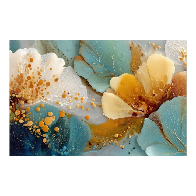 Modern Fluid Abstract Teal Gold Bubbles & Veins Fototryck (Framsidan)