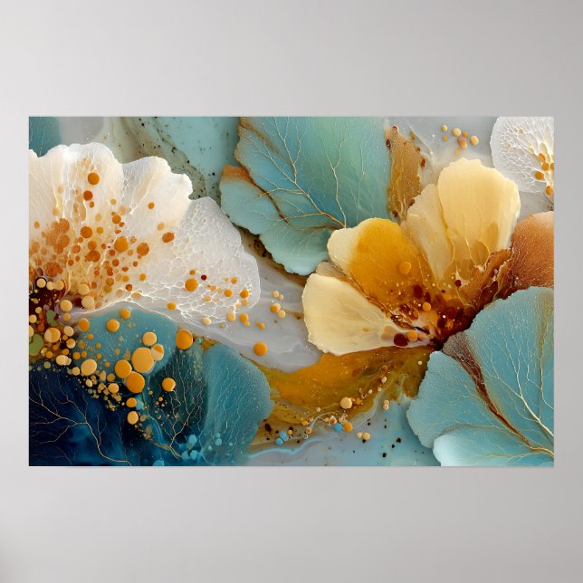 Modern Fluid Abstrakt Teal Guld Bubblor & Ådror Poster (Framsidan)