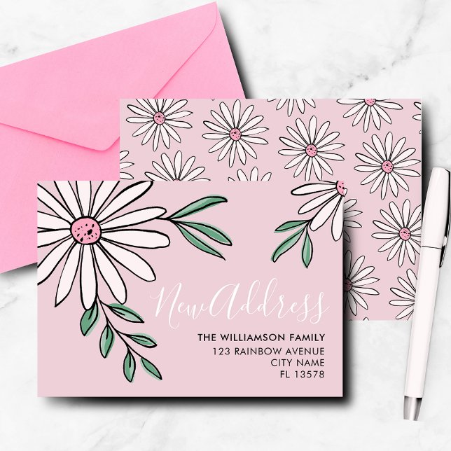 Modern flyttmeddelande Floral Daisy Anteckningskort (Modern botanical. floral daisy leaf, pink new address, moving announcement notecard. )