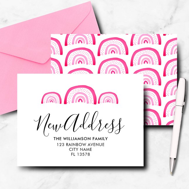 Modern flyttmeddelande Rosa regnbåge Anteckningskort (Modern moving announcement moving notecard, new home, change of address. Pink watercolor rainbow.)