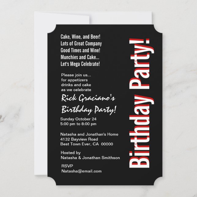 Modern födelsedag, varje år, svart röd mall (Framsida)