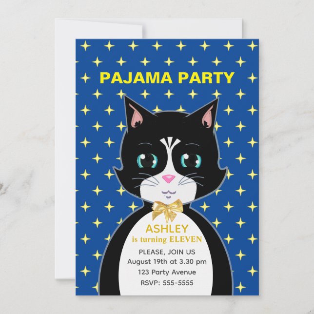 Modern Födelsedags Katt Pyjamas Fest Inbjudan (Framsida)