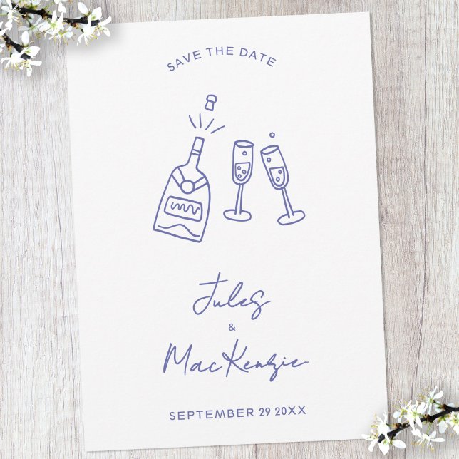 Modern FödelsedagsDoodle Bröllop Spara Datum Inbjudningar (Fun doodle line art champagne bottle and glasses wedding save the date invitation)