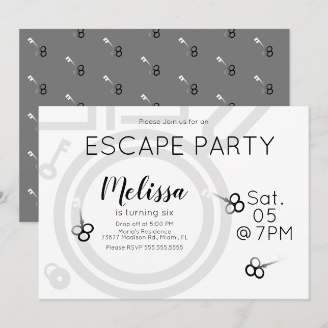 Modern födelsedagsfest för Escape Room grå inbjuda Inbjudningar (Fram/baksida)