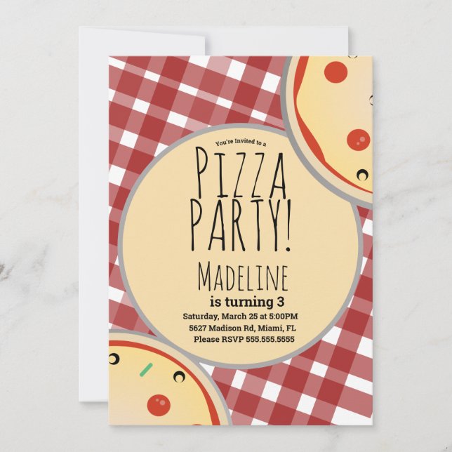 Modern födelsedagsfest för pizza i rutor röd inbju inbjudningar (Framsida)