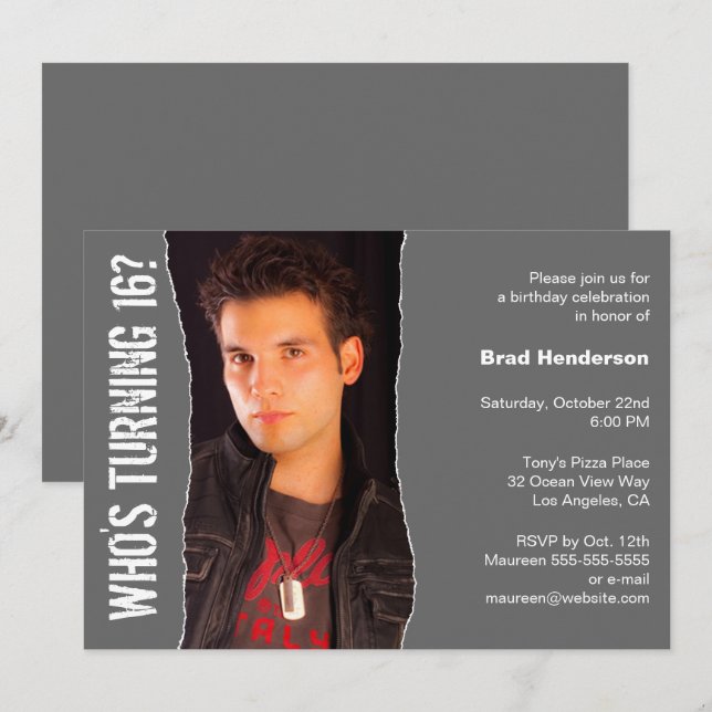 Modern Födelsedagsfest Fotoinbjudan Mörk Grått Inbjudningar (Fram/baksida)