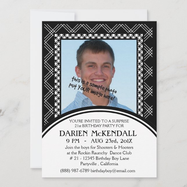 Modern Födelsedagsfest i Vuxen, svartvitt Inbjudningar (Framsida)