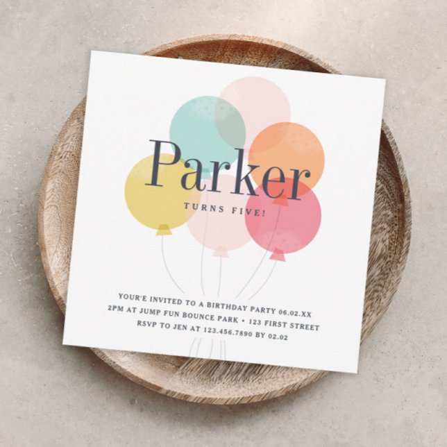 Modern födelsedagsfest med ballongbukett inbjudningar (Modern colorful balloons kids birthday party invitation.)