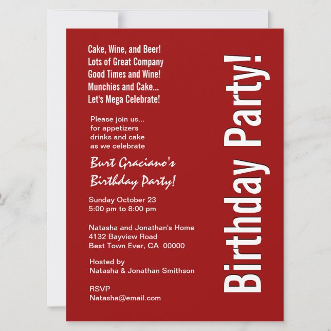 Modern Födelsedagsfest - röd och vit stor mall (Framsida)