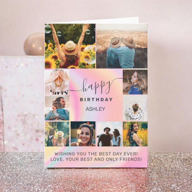 Modern födelsedagspresent, gigantisk 11 fotosamlin kort (Modern birthday girly marble 11 photo collage grid card)