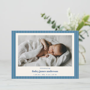 Modern födelsefotograf för babypojke med blåa ränd meddelande