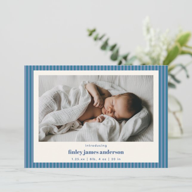 Modern födelsefotograf för babypojke med blåa ränd meddelande (Stående Fram)