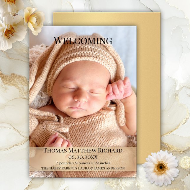 Modern födelsekort i Guld Baby Tack Kort (Elegant birth announcement card featuring a photo of your baby with a soft gold stylized overlay)