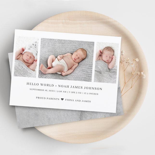 Modern födelsevarning 3 fotosamlingskort (Modern Birth Announcement 3 Photos Collage Card)