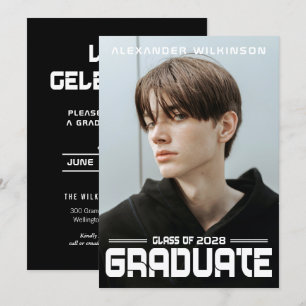 Modern fold Script Black White Guy Photo Grad Inbjudningar