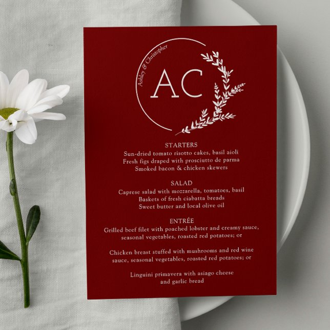 Modern Foliage Ram Crimson Red Wedening Reception Meny (Skapare uppladdad)