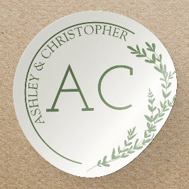 Modern Foliage Ram Muted Grönt Bröllop Runt Klistermärke
