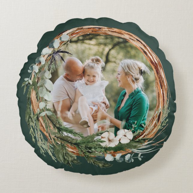 Modern foliepandfådd grönt för julfoto rund kudde (Framsidan)