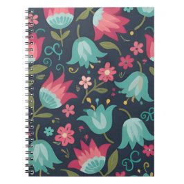 Modern Folk Art Floral - Teal & Coral Bell Flowers Anteckningsbok