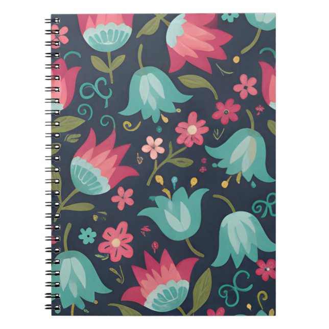 Modern Folk Art Floral - Teal & Coral Bell Flowers Anteckningsbok (Framsidan)