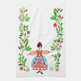 Modern Folk Art Stil Blomsterträdgård Girl Kökshandduk