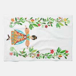 Modern Folk Art Stil Flower Girl Tangerine Kökshandduk