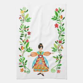 Modern Folk Art Stil Flower Girl Tangerine Kökshandduk