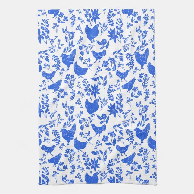 Modern folkkonst för lantbruk, chickens och botani kökshandduk (Vertikal)