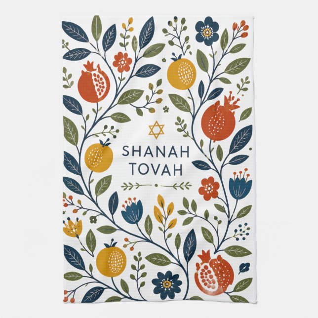 Modern folkkonst Shana Tovah botanisk  Kökshandduk (Vertikal)