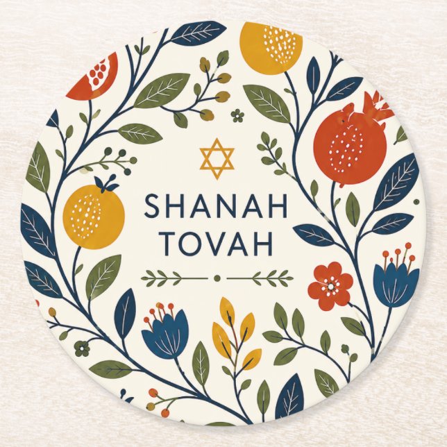Modern folkkonst Shana Tovah botanisk  Underlägg Papper Rund (Framsidan)