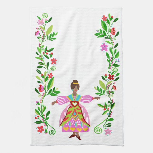 Modern folkkonst stil afroamerikansk blomsterflick kökshandduk (Vertikal)