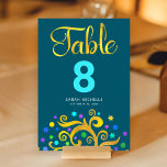 Modern för bat mitzvah guldfärgsblomma i Träd Bordsnummer<br><div class="desc">Inget Bat mitzvah party är färdigt utan bordsnummer av personlig. Låt din favorit Bat mitzvah vara stolt, glädjas och fira hennes milstolpe på hennes perfekt samordnade party. Denna sofistikerade, chic, bedövning, abstrakt grafik faux guld-folie träd med glatt turkos, teal, lila och blue Star av David och punkt "löv" och turkos-bordsnummer...</div>