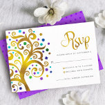 Modern för bat mitzvah Lila, guldblomma Livets trä OSA Kort<br><div class="desc">Var stolt, gladd och visa den här milstolpen av din favoritBat mitzvah! Inkludera den här grafiklösningen av faux guld foil träd med glatt turkos, teal, lila och blue Star av David och punkt "löv" på vit bakgrund, kort för personligens OSA för evenemanget. En liten, mörk lila Star av David mönster...</div>